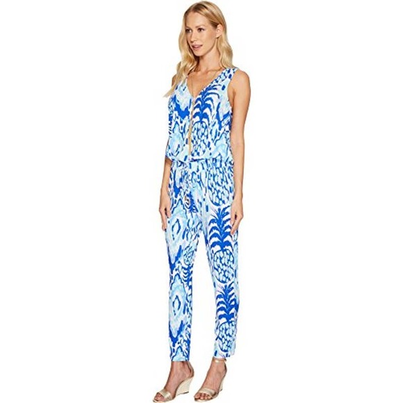 Lilly Pulitzer Women Paulina Jumpsuit in Tropi Call Me V-Neck Stretch Blue Small - Picture 2 of 12